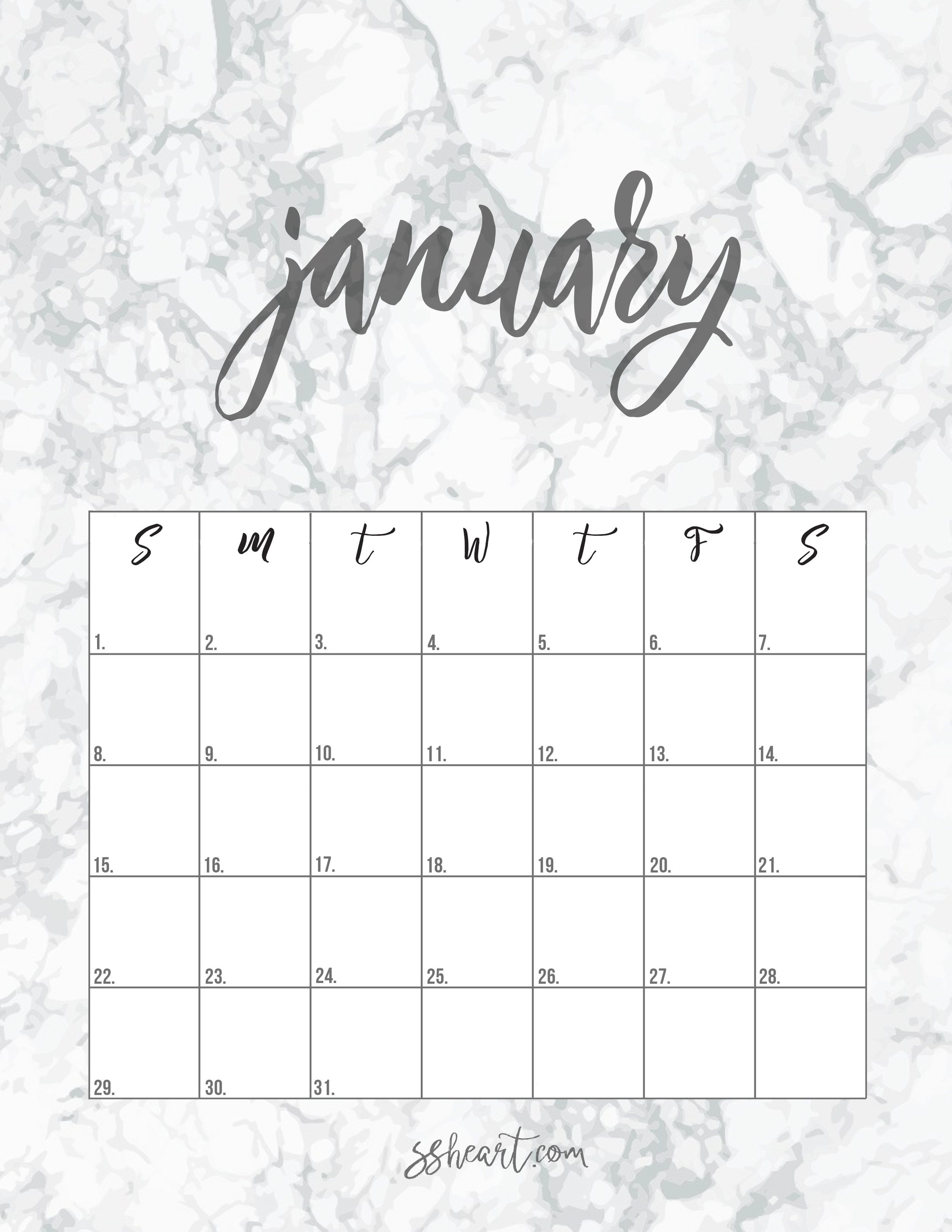 PRINTABLE JANUARY 2017 CALENDAR SSHEART